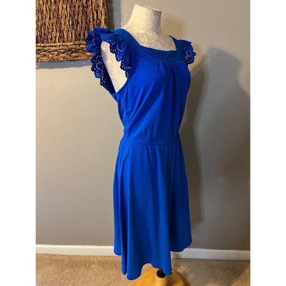 Talbots Dress M Medium Cobalt Blue Stretch Eyelet Slub Cotton Square Neck NEW - Picture 4 of 11